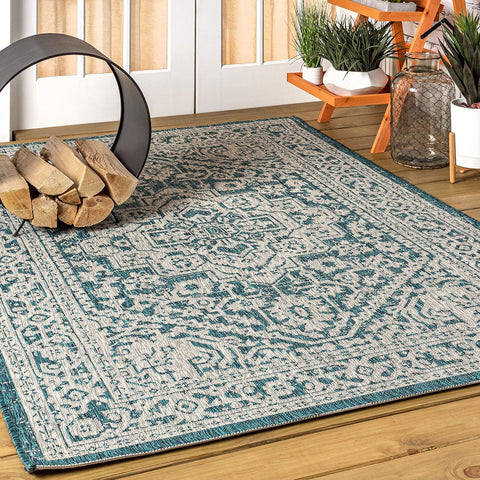 JONATHAN Y Medallion Weave Indoor Outdoor Area Rug 8X10 Teal Blue/Gray, Sinjuri Textured for Backyard, Patio, Porch, Easy-Cleaning, High Traffic, Pet-Friendly, Non-Shedding (SMB101C-8)