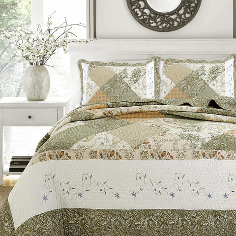 Cozy Line Home Fashions Floral Real Patchwork Green Beige Khaki Yellow Scalloped Edge Country 100% Cotton Quilt Bedding Set, Reversible Coverlet Bedspread (Laura, King - 3 piece)