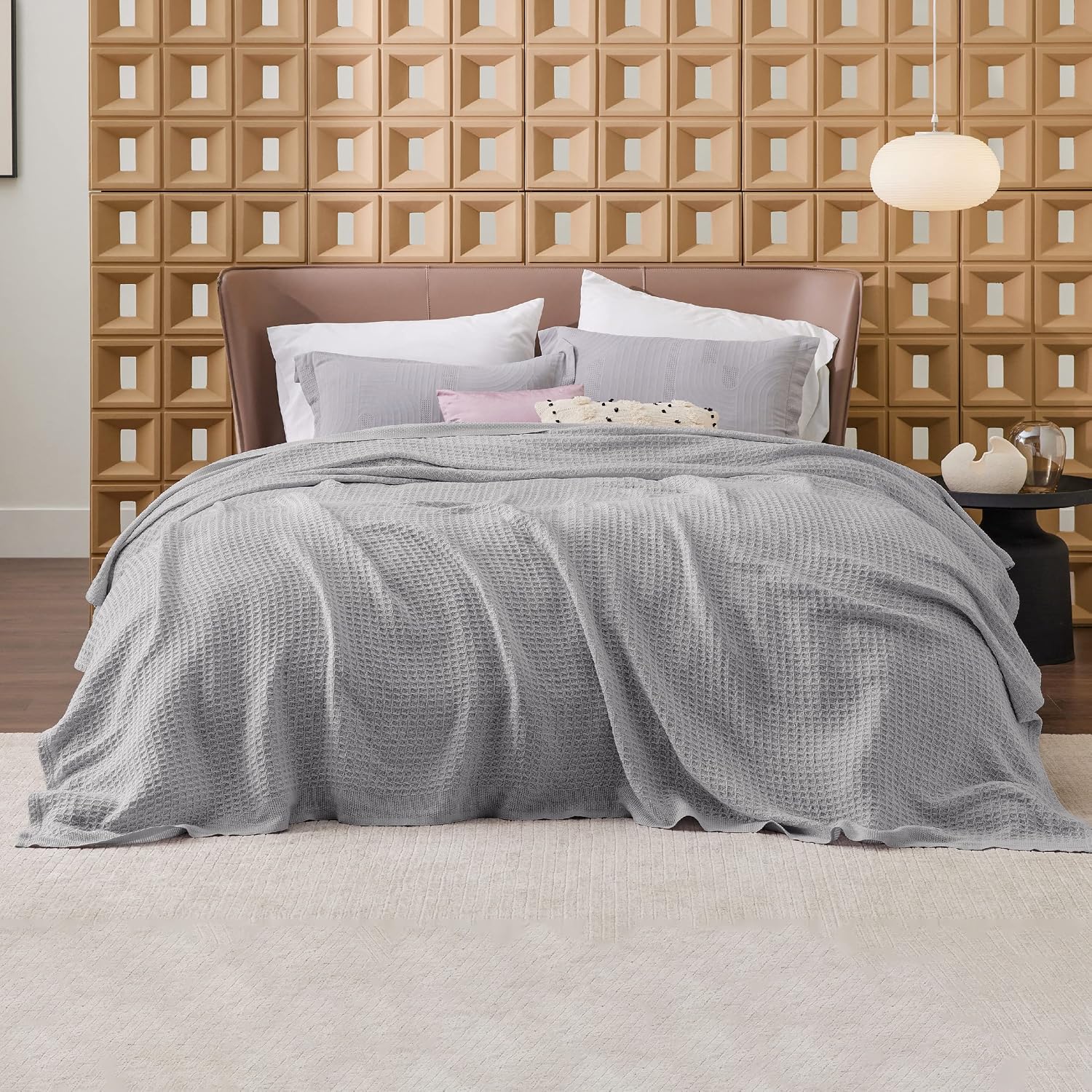 Bedsure 100% Cotton Blanket, Waffle Weave, Queen Size, Grey, 90"x90"