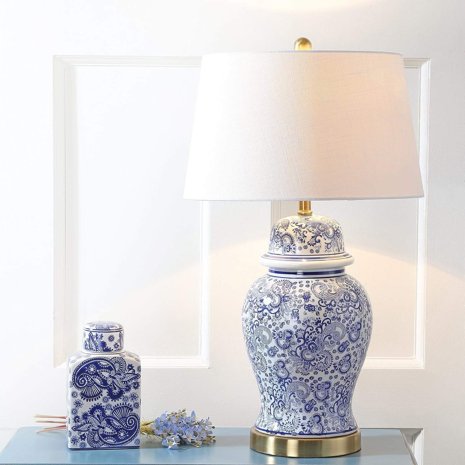 JONATHAN Y Ellis Chinoiserie Ginger Jar Table Lamp 29.5", Blue/White