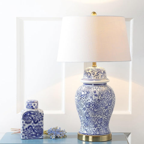 JONATHAN Y Ellis Chinoiserie Ginger Jar Table Lamp 29.5", Blue/White