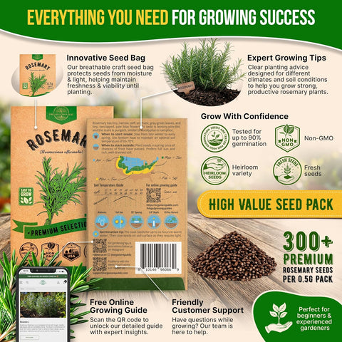 Rosemary Seeds Pack 0.5 G - Over 325 Non-GMO Heirloom Seeds for Planting Herbs in Individual Packet, Home Garden Indoor & Outdoor Gardening