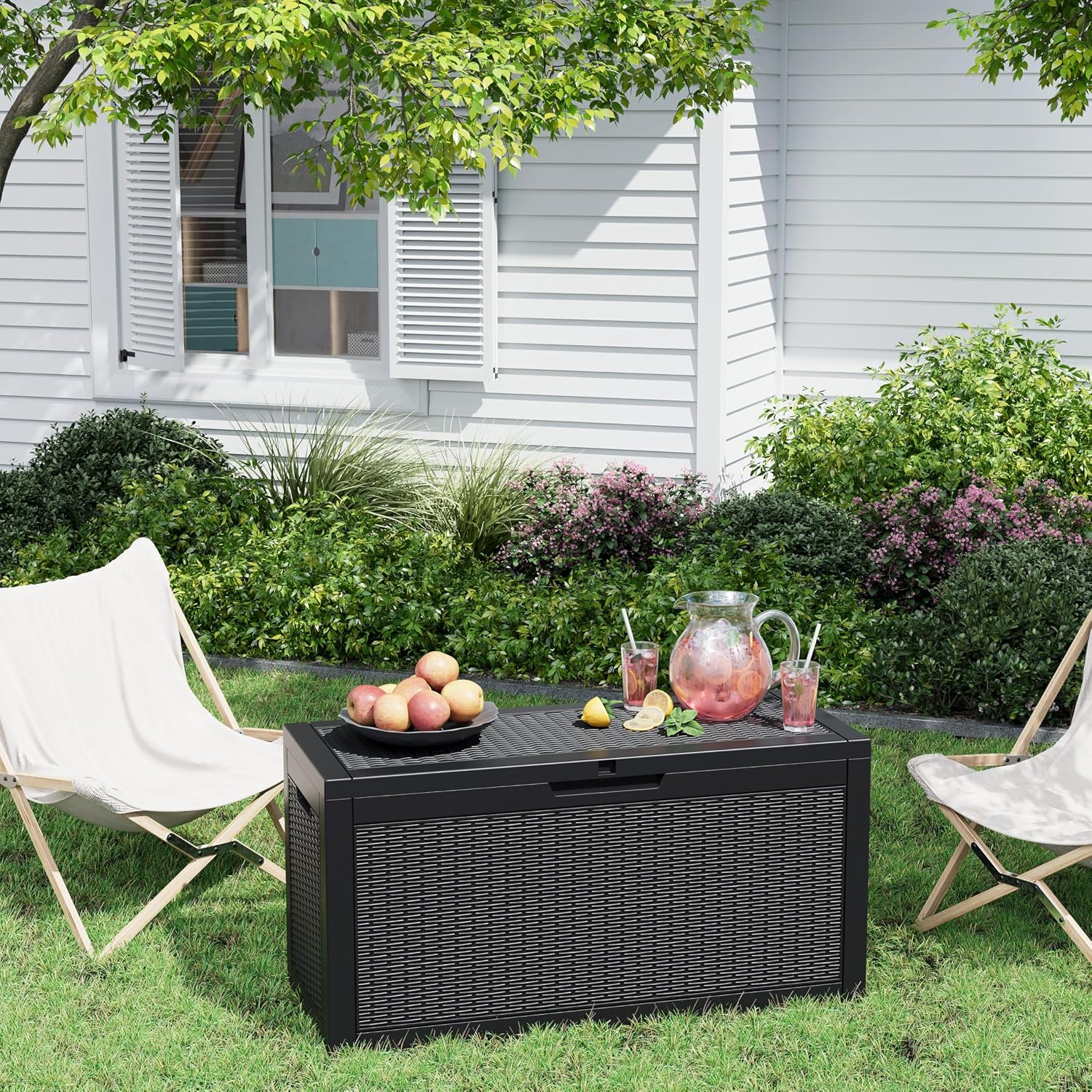 Outdoor Storage Box, Resin Deck Boxes Indoor and outdoor, Waterproof Storage Box Lockable Lid (Black, 70 Gallon)