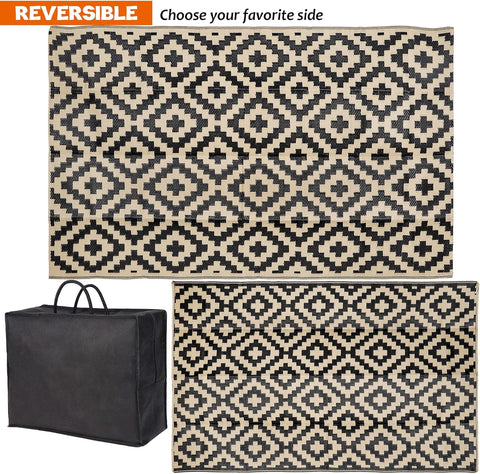 SAND MINE Waterproof Outdoor Rug 5x8 ft, Plastic Reversible Rug, Modern Area Rug, Large Floor Mat for Outdoors, RV, Patio, Backyard, Deck, Picnic, Beach, Camping, Black & Beige