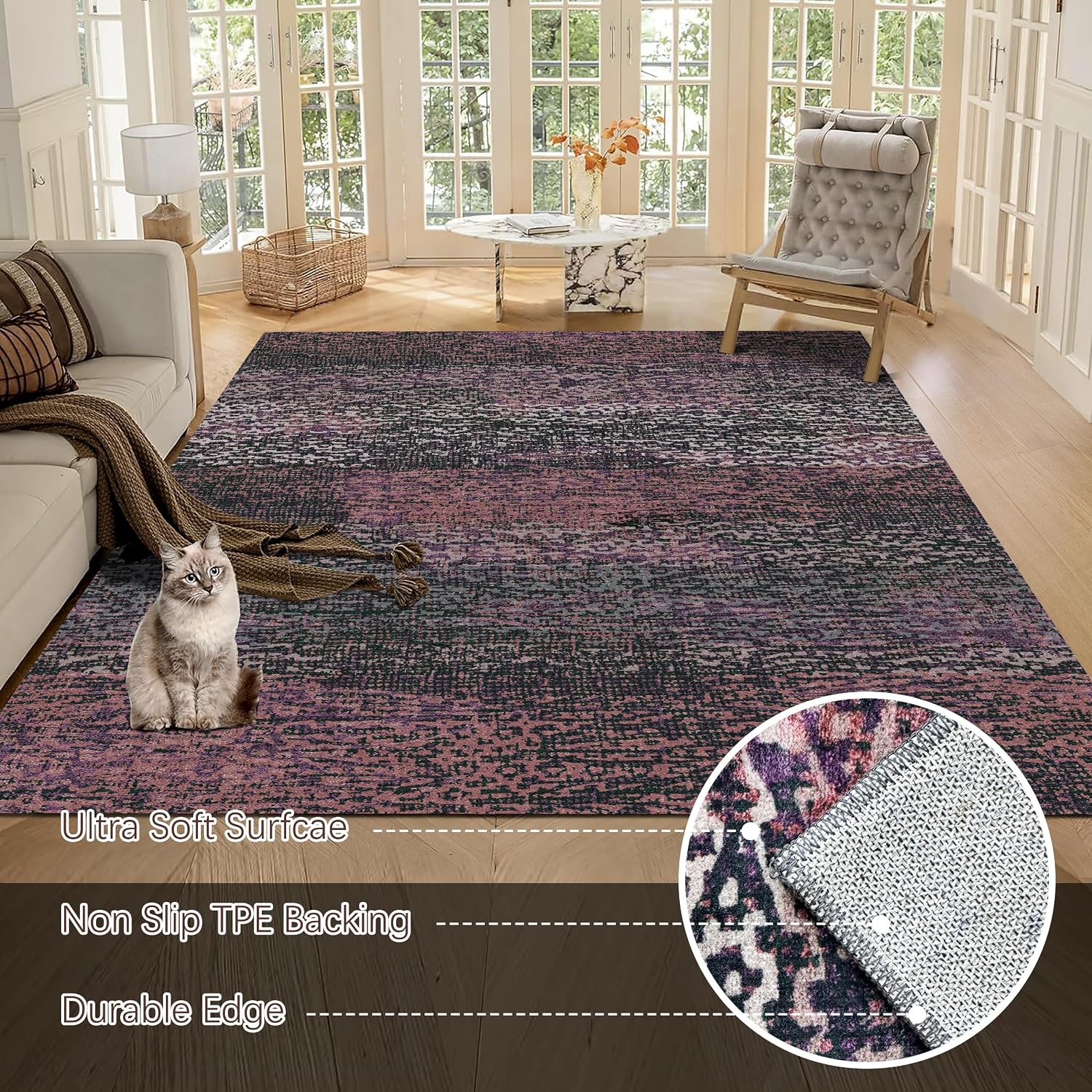 RUGSURE Washable Area Rug - 1/6 Thick - Stain & Water Resistant Non-Slip - Resistant Rug for Living Room, Bedroom, Nursery, Pet & Child Friendly, Vintage Charm Area Rugs (Burgundy, 8' x 10')