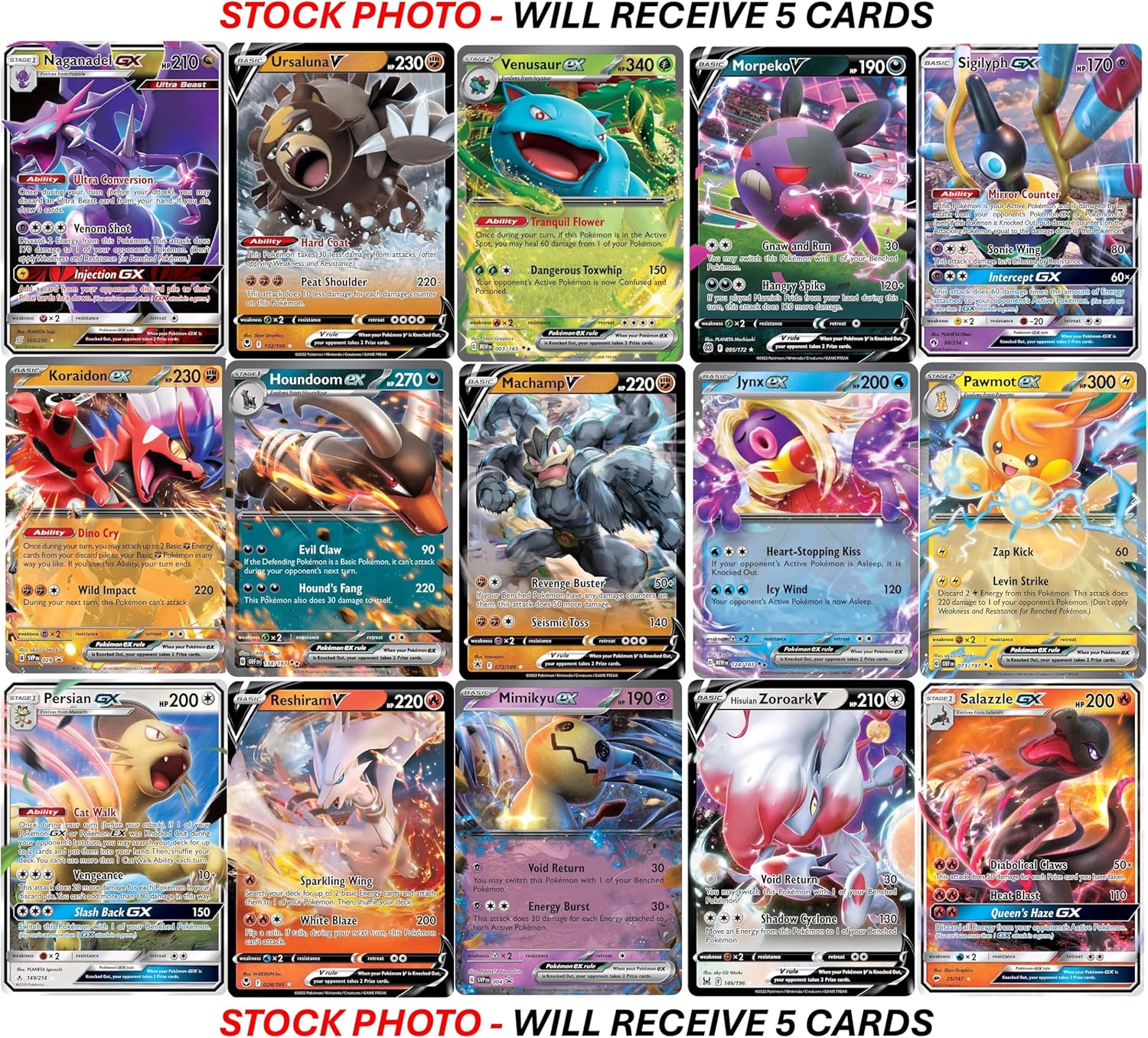 5 Pokemon Ultra Rare Card Lot - V, Gx, ex, Assorted Variety - No Duplicates