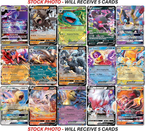 5 Pokemon Ultra Rare Card Lot - V, Gx, ex, Assorted Variety - No Duplicates