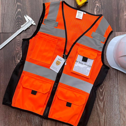 TCCFCCT Safety Vest for Women 11 Pockets Mesh Reflective Vest, Orange XXL