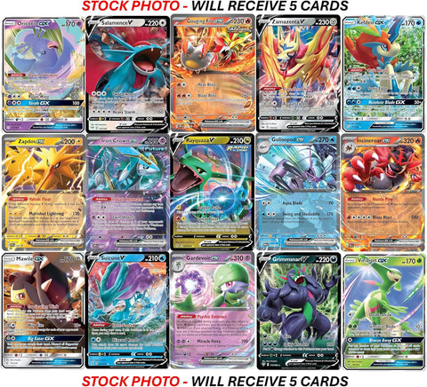 5 Pokemon Ultra Rare Card Lot - V, Gx, ex, Assorted Variety - No Duplicates