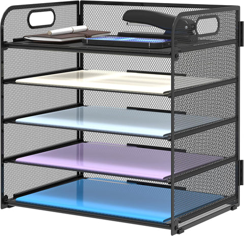 Supeasy 5 Trays Paper Organizer Letter Tray with Handle-Mesh Desk File Holders, Paper Sorter Desk Organizer for Office, Home, Classroom or School