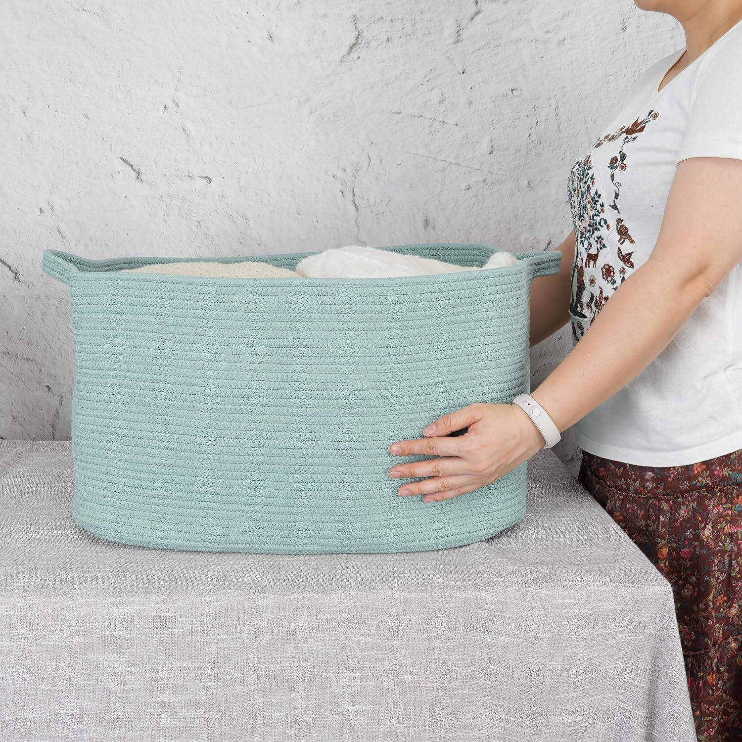 XUANGUO Large Rectangle Woven Cotton Rope Blanket Basket 22"x17"x12" Green