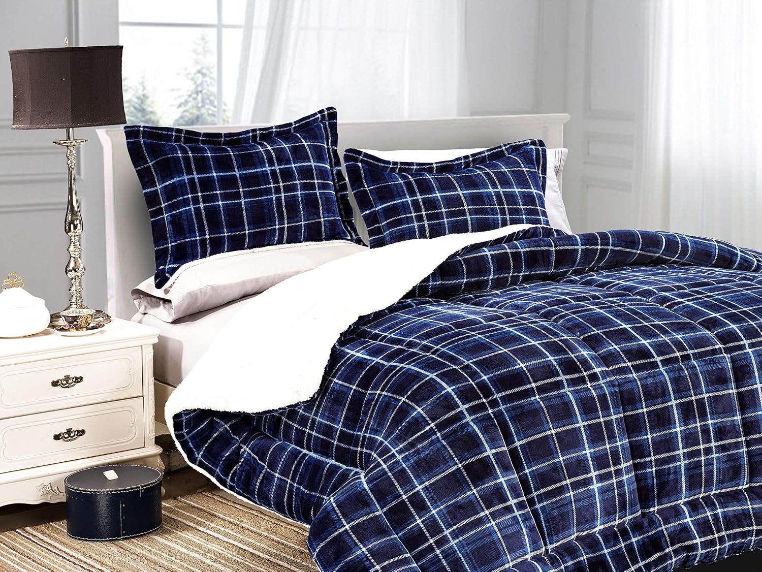 Elegant Comfort Softest, Coziest Heavy Weight Plaid Pattern Micromink Sherpa-Backing Premium Quality Down Down Alternative Micro-Suede 2-Piece Reversible Comforter Set, Twin/Twin XL, Navy Blue