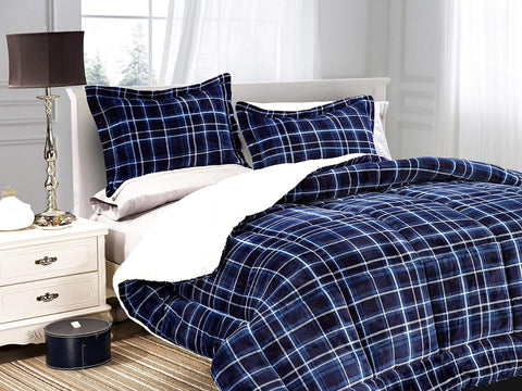 Elegant Comfort Softest, Coziest Heavy Weight Plaid Pattern Micromink Sherpa-Backing Premium Quality Down Down Alternative Micro-Suede 2-Piece Reversible Comforter Set, Twin/Twin XL, Navy Blue