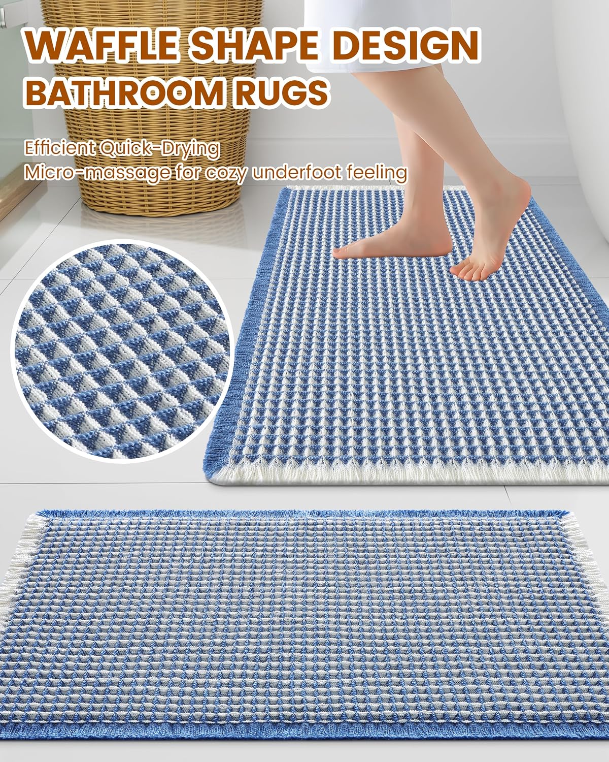 Smiry Waffle Bath Mat 72X24, Soft Absorbent Bathroom Rugs, Blue & Cream