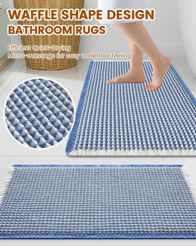 Smiry Waffle Bath Mat 72X24, Soft Absorbent Bathroom Rugs, Blue & Cream