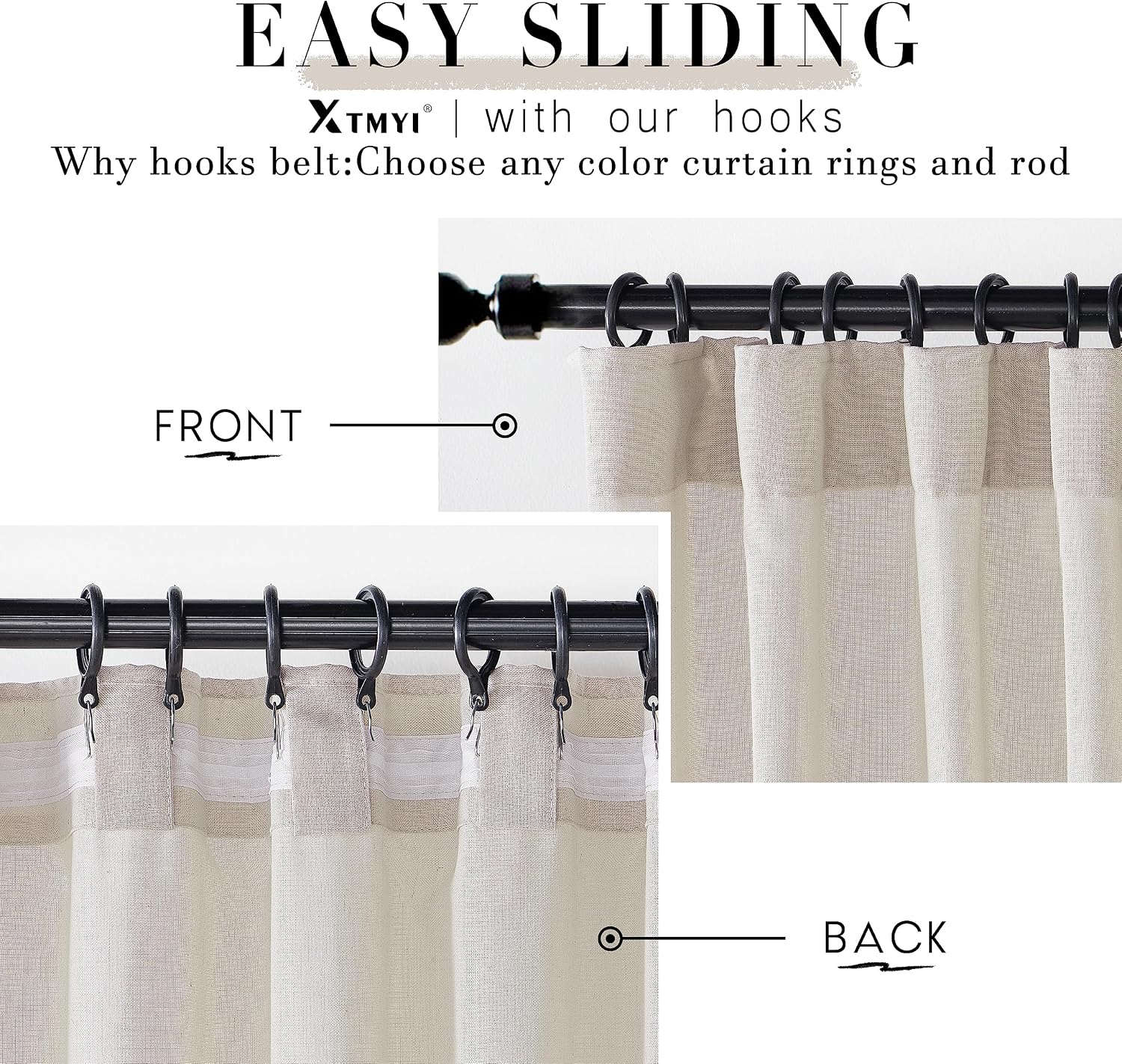XTMYI 70 Inches Wide Country Curtains for Living Room,Sheer Linen Shabby Chic Curtains for Bedroom Oatmeal 108 Inches Long