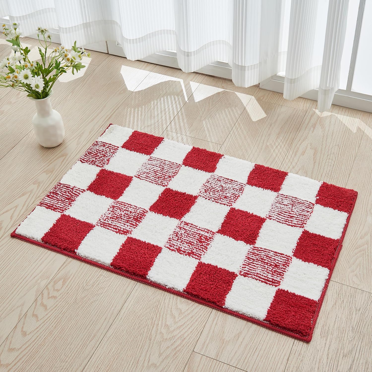 CozeCube Christmas Red Checkered Bath Mat 32"x20" Non Slip Washable Rug