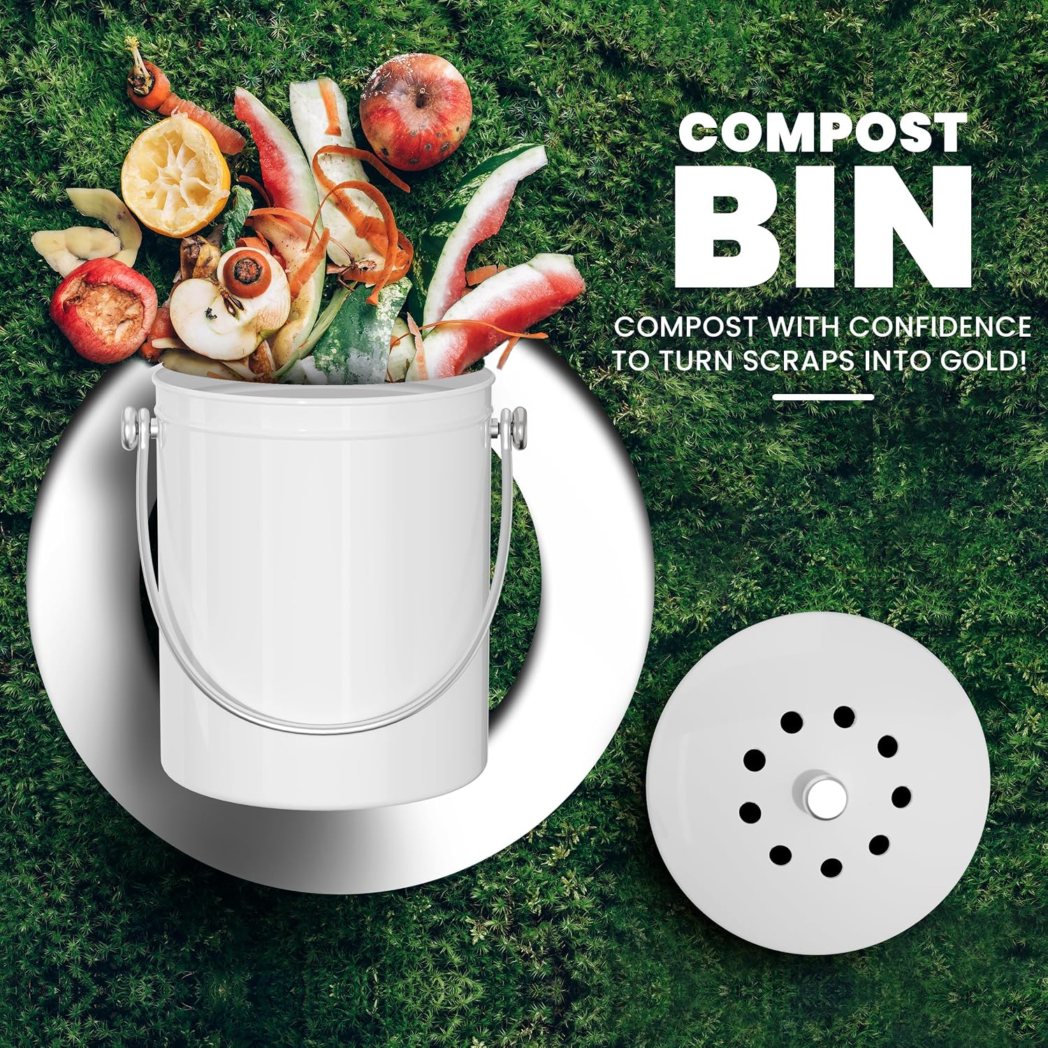 Utopia Kitchen Countertop Compost Bin 1.3 Gallon, Stainless Steel, White