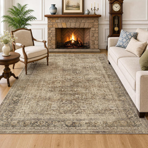 FMFUNCTEX 5x7 Washable Brown Neutral Vintage Retro Area Rug for Living Room
