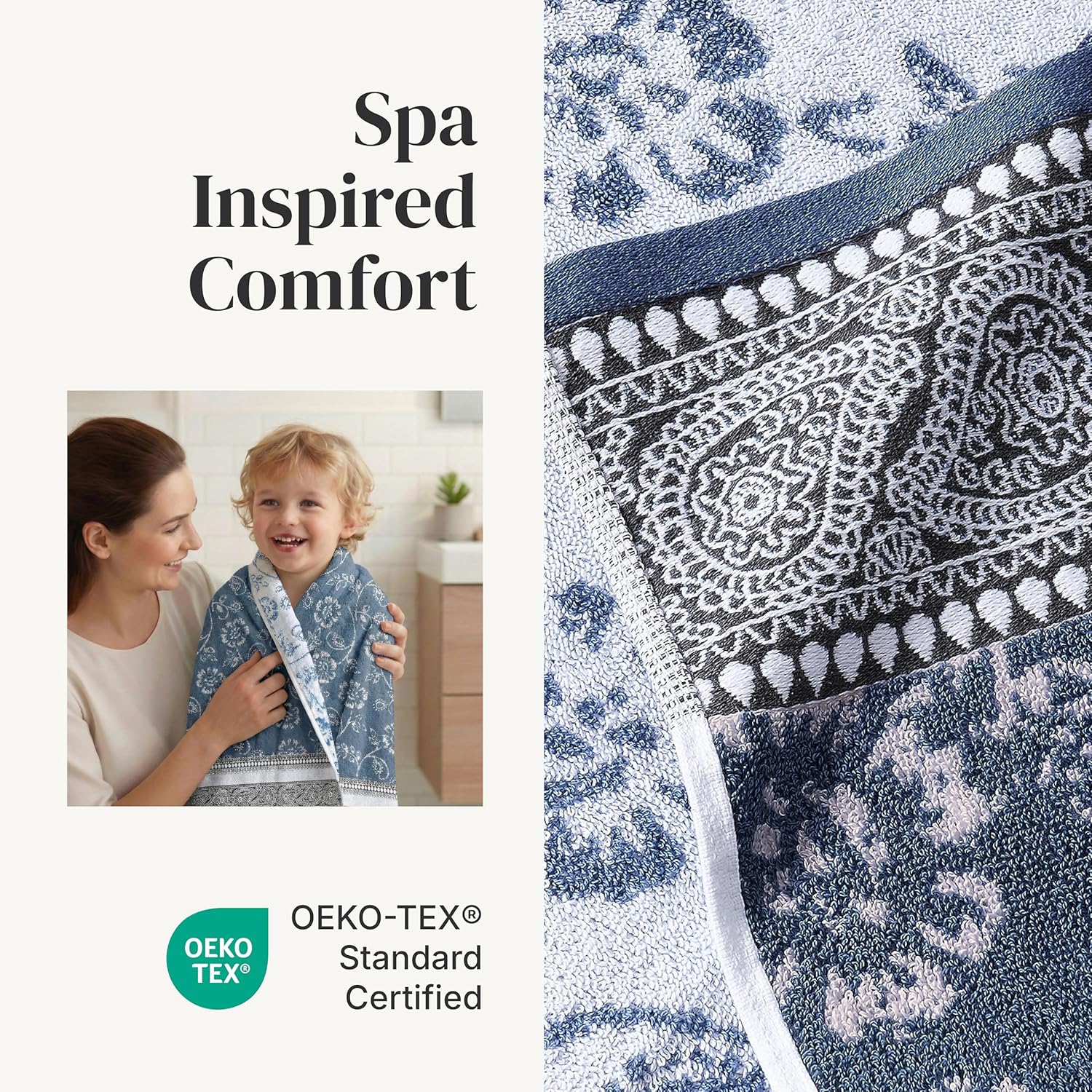 Modern Threads 6 Piece Bath Towel Set – Bathroom Set with 2 Bath Towels, 2 Hand Towels, and 2 Wash Cloths – 100% Cotton, Super Absorbent & Extra Soft – Reversible Floral Trail (Navy)