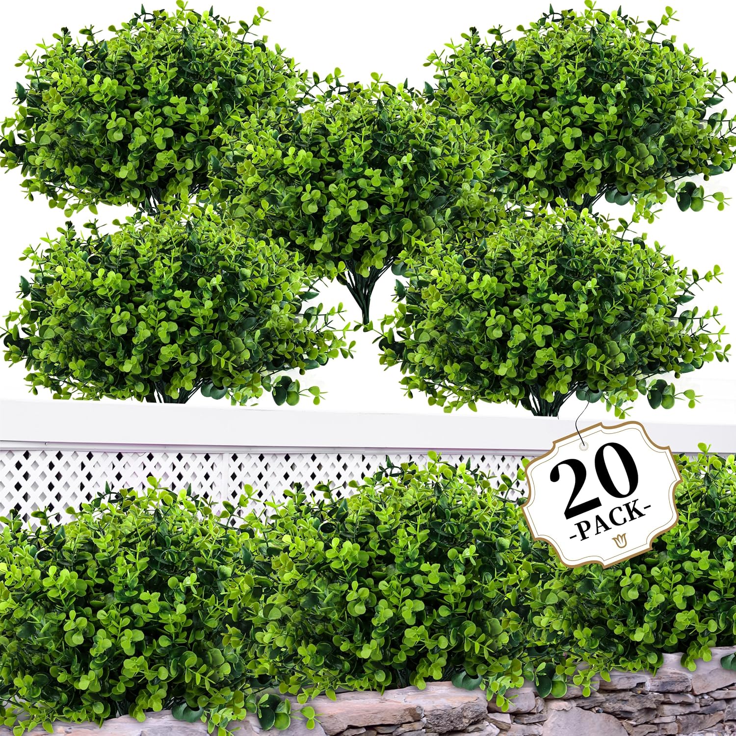 ColoPlay 20 Bundles Artificial Greenery Boxwood Plants, Fake Outdoor Plants