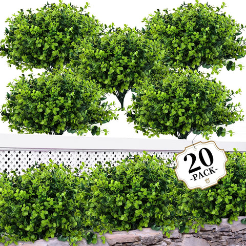 ColoPlay 20 Bundles Artificial Greenery Boxwood Plants, Fake Outdoor Plants