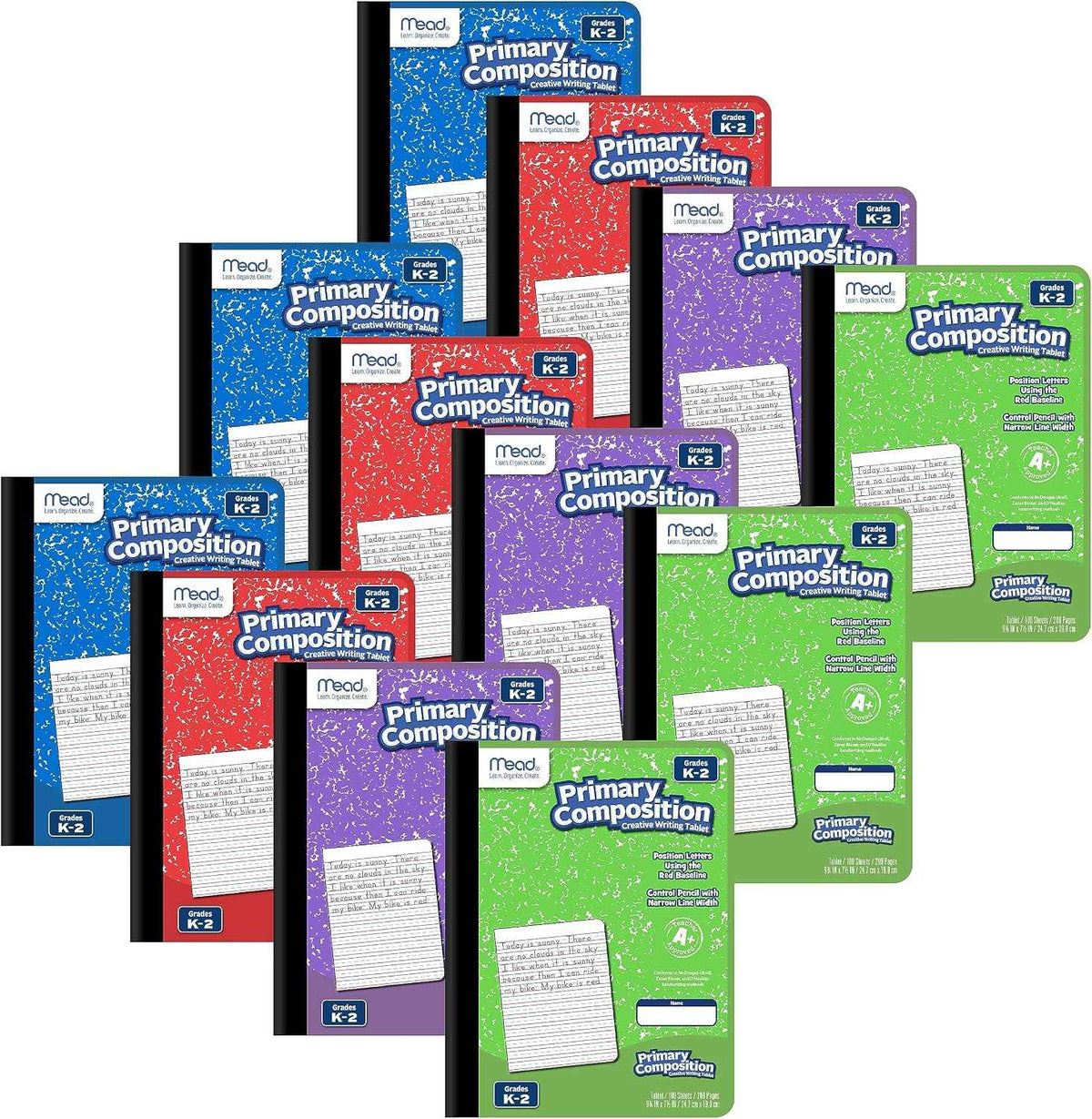 Mead Primary Composition Book, Primary Ruled Journal, Grades K-2, 7-1/2" x 9-3/4", 100 Sheets per Comp Book, Colors Will Vary, 12 Pack (610054-ECM)