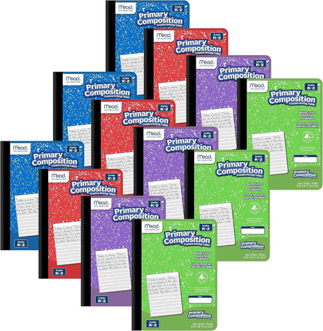 Mead Primary Composition Book, Primary Ruled Journal, Grades K-2, 7-1/2" x 9-3/4", 100 Sheets per Comp Book, Colors Will Vary, 12 Pack (610054-ECM)