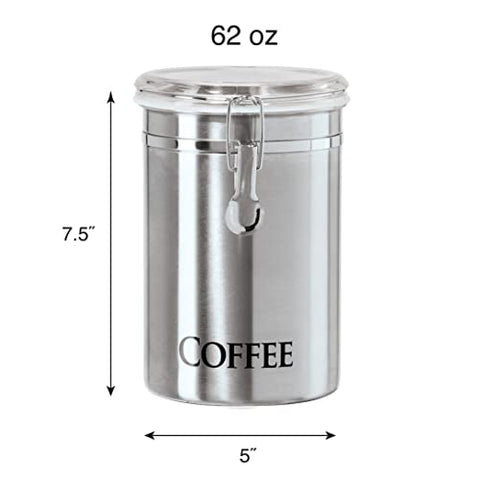 OGGI Stainless Steel Canister 62oz - Airtight Clamp Lid, Clear See-Thru Top - Ideal for Coffee Bean/Ground Coffee /Kitchen/ Pantry Storage. Large Size 5" x 7.5".