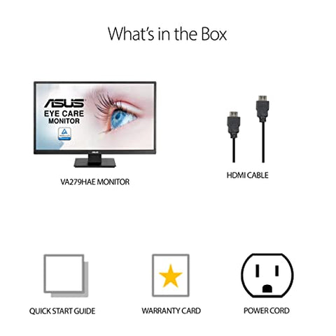 ASUS 27” 1080P Monitor - Full HD, Eye Care, Low Blue Light, Flicker Free, VESA Mountable, Anti-Glare, D-Sub, HDMI Computer PC Monitor, VA279HAE