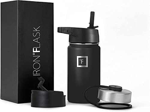 IRON Â°FLASK Sports Water Bottle - 14oz, 3 Lids (Straw Lid), Leak Proof - Stainless Steel Gym & Sport Bottles for Men, Women & Kids - Double Walled, Insulated Thermos, Metal Canteen