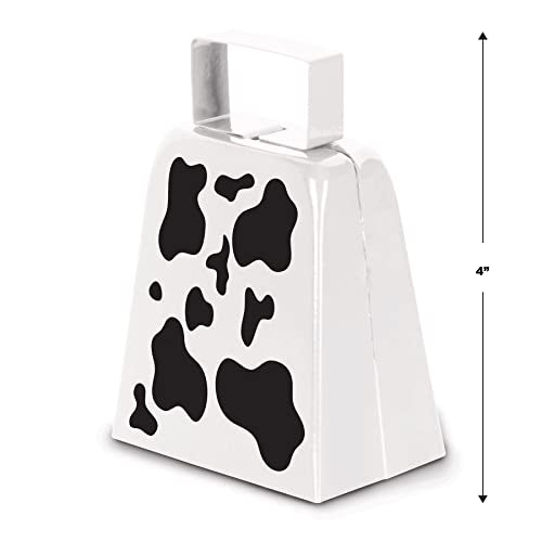 Beistle Cow Print Novelty Metal Cowbell For Farm Animal Theme Birthday Party Western Favors, White/Black