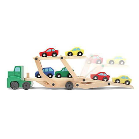 Melissa & Doug Car Carrier Truck and Cars Wooden Toy Set With 1 Truck and 4 Cars - Wooden Cars, Vehicle Toys, Push And Go Wooden Trucks For Toddlers And Kids Ages 3+