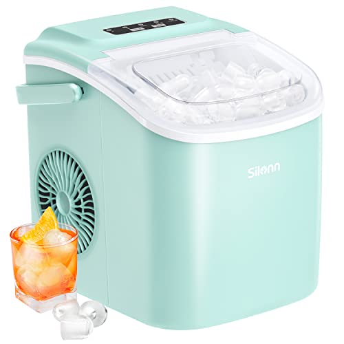 Silonn Countertop Ice Maker, 9 Cubes Ready in 6 Mins, 26lbs in 24Hrs, Self-Cleaning Ice Machine with Ice Scoop and Basket, 2 Sizes of Bullet Ice for Home Kitchen Office Bar Party, Green (SLIM09)