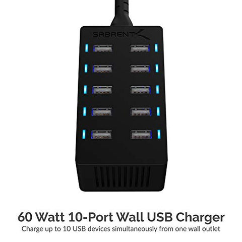SABRENT 60 Watt (12 Amp) 10 Port [UL Certified] Family Sized Desktop USB Rapid Charger. Smart USB Ports with Auto Detect Technology [Black] (AX-TPCS)