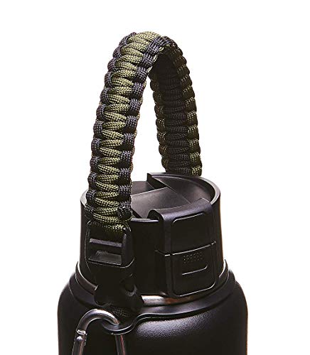 WaterFit Paracord Carrier Strap Cord with Safety Ring and Carabiner for 12-Ounce to 64-Ounce Wide Mouth Water Bottles, Army Green/Black