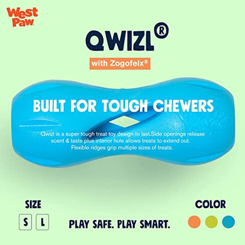 WEST PAW Zogoflex Qwizl Dog Puzzle Treat Toy – Interactive Chew Toy for Dogs – Dispenses Pet Treats – Brightly-Colored Dog Enrichment Toy for Aggressive Chewers, Fetch, Catch, Large 6.5", Aqua Blue