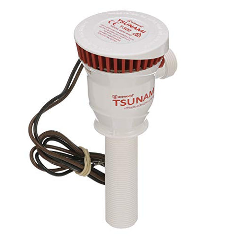 Attwood 4640-7 Tsunami T500 Aerator Pump, 500 GPH, 12-Volt, 3 ½-Inch Long Inlet, Threaded ¾-Inch Diameter Outlet, 29-Inch Wire