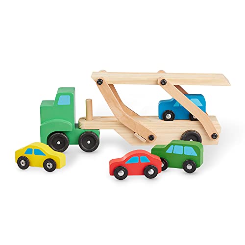 Melissa & Doug Car Carrier Truck and Cars Wooden Toy Set With 1 Truck and 4 Cars - Wooden Cars, Vehicle Toys, Push And Go Wooden Trucks For Toddlers And Kids Ages 3+