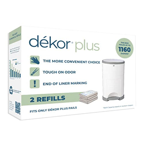 Dekor Plus Diaper Pail Refills|2 Count|Most Economical Refill System|Quick & Easy to Replace|No Preset Bag Size–Use Only What You Need|Exclusive End-of-Liner Marking|Baby Powder Scent Package may vary