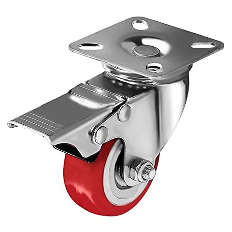Online Best Service Caster Wheels Swivel Plate w/Brake On Red Polyurethane Wheels, 4 Pack, (2 inch with Brake)
