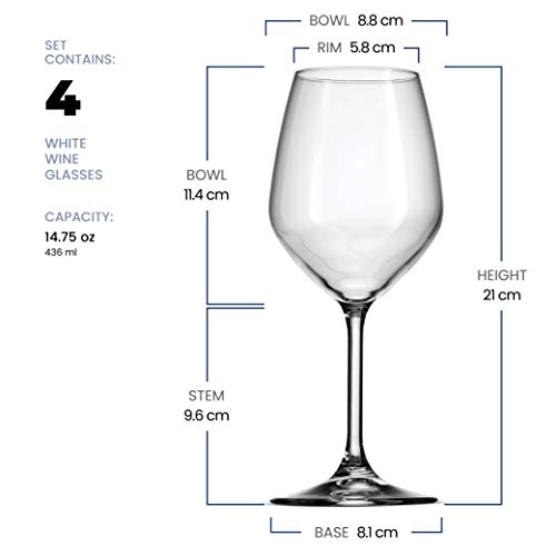 Bormioli Rocco 14.75 oz White Wine Glasses (Set Of 4): Crystal Clear Star Glass, Laser Cut Rim For Wine Tasting, Elegant Party Drinking Glassware, Restaurant Quality