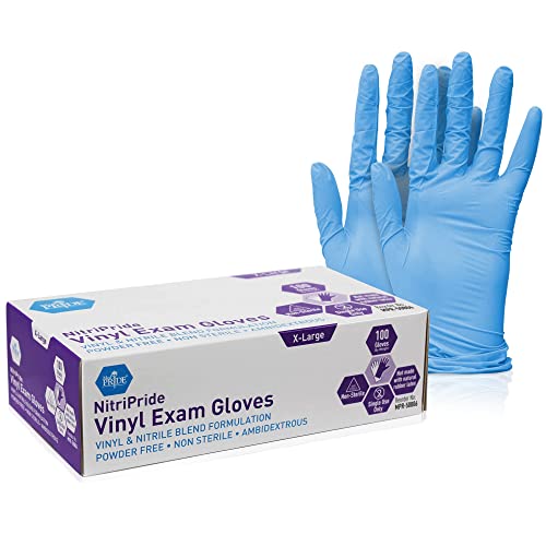 Med PRIDE NitriPride Nitrile-Vinyl Blend Exam Gloves, X-Large 100 - Powder Free, Latex Free & Rubber Free - Single Use Non-Sterile Protective Gloves for Medical Use, Cooking, Cleaning & More