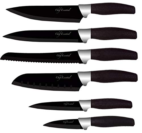 Chef Essential 6 Piece Knife Set With Matching Sheaths, Solid Black, Great Gift Idea for Your Loved One Who Likes Cooking.