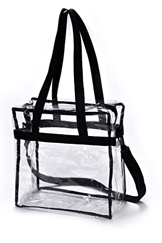 Clear Tote Bag Stadium Approved - Shoulder Straps and Zippered Top. Perfect Clear Bag for Work, School, Sports Games and Concerts. Meets Stadium Tournament Guidelines. (Black)