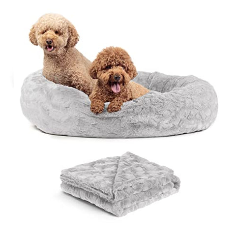 Best Friends by Sheri Bundle Set The Original Calming Lux Donut Cuddler Cat and Dog Bed + Pet Throw Blanket Gray Large 36" x 36"