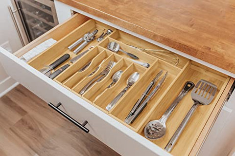 KitchenEdge Premium Silverware, Flatware and Utensil Organizer for Kitchen Drawers, Expandable to 28 Inches Wide, 10 Compartments, 100% Bamboo