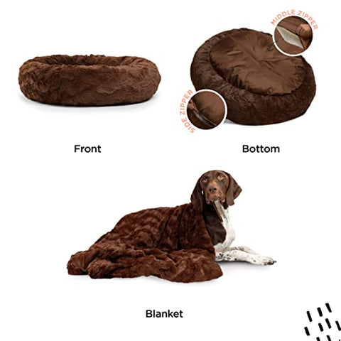 Best Friends by Sheri Bundle Set The Original Calming Lux Donut Cuddler Cat and Dog Bed + Pet Throw Blanket Dark Chocolate Large 36" x 36"