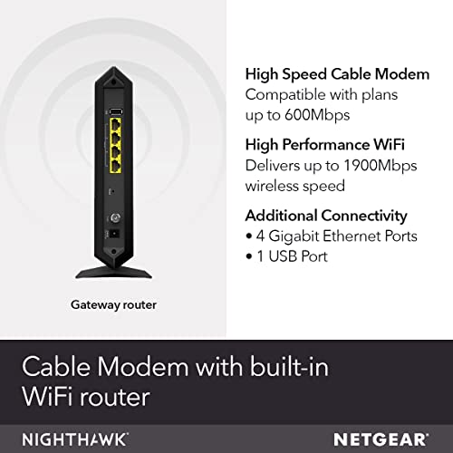NETGEAR Nighthawk Cable Modem WiFi Router Combo C7000-Compatible with Cable Providers Including Xfinity by Comcast, Spectrum, Cox for Cable Plans Up to 600Mbps | AC1900 WiFi Speed | DOCSIS 3.0