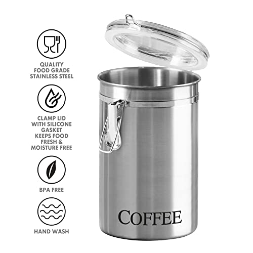 OGGI Stainless Steel Canister 62oz - Airtight Clamp Lid, Clear See-Thru Top - Ideal for Coffee Bean/Ground Coffee /Kitchen/ Pantry Storage. Large Size 5" x 7.5".